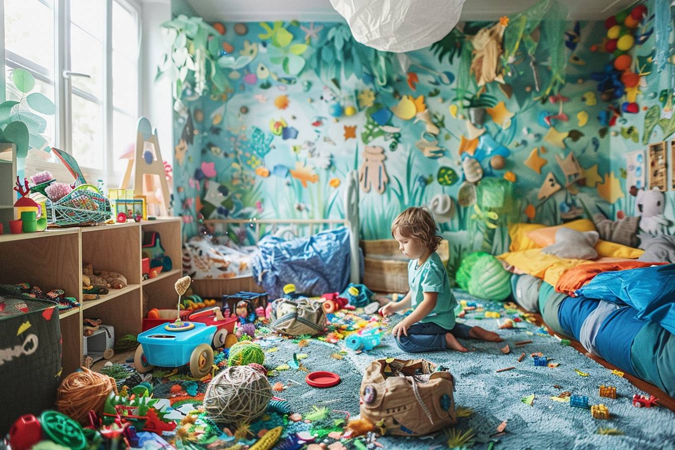 Chambre d'enfant colorée et ludique décorée avec des matériaux recyclés, incluant jouets et meubles éco-responsables